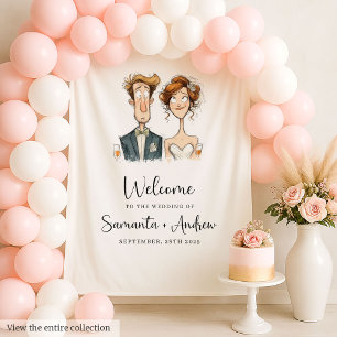 Hochzeitsbanner Quirky Brie and Groom Watercolor Wandteppich