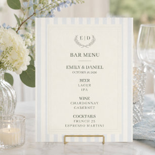 Hochzeitsbar-Menü Blau & Sage Gestreiftes Monogram Poster
