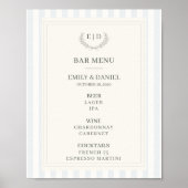 Hochzeitsbar-Menü Blau & Sage Gestreiftes Monogram Poster (Vorne)
