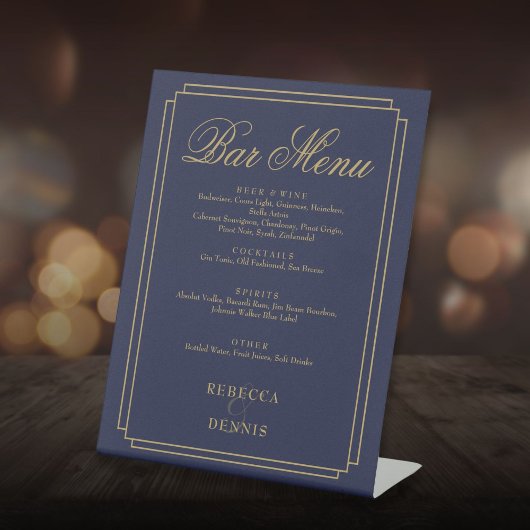 Hochzeitsbar-Menü "Navy Blue and Gold" Sockelschild