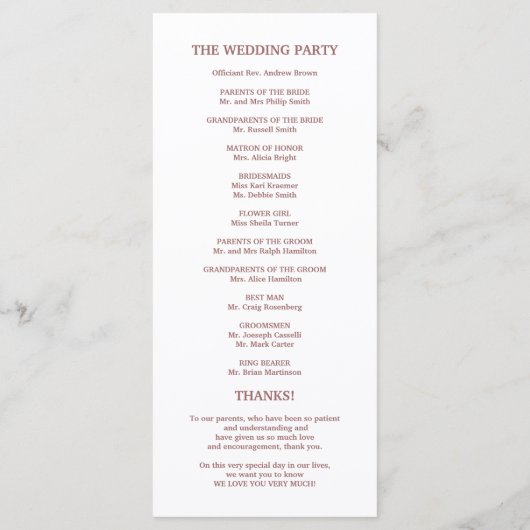 Hochzeitsbestellung der Rose des Serviceprogramms  Programm (Rückseite)