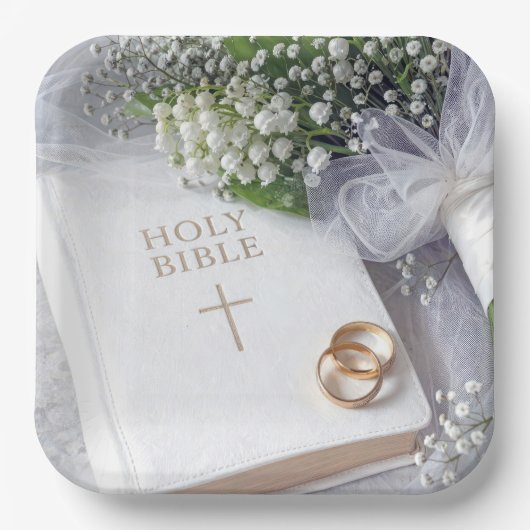 Hochzeitsbibel mit Maiglöckchen-Bouquet Pappteller (Vorderseite)