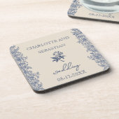 Hochzeitsblau-botanische Grenze Vintag Getränkeuntersetzer (Linke Seite)
