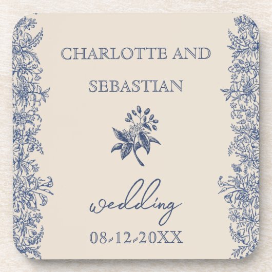 Hochzeitsblau-botanische Grenze Vintag Getränkeuntersetzer (Vorderseite)
