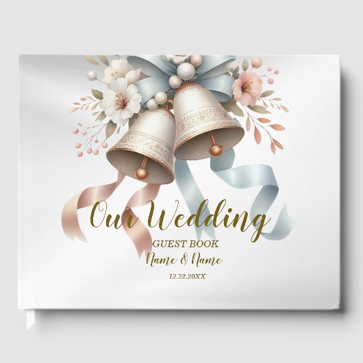 Hochzeitsblumen Bells Pink Blue Ribbons Schöne Gästebuch (Vorderseite)