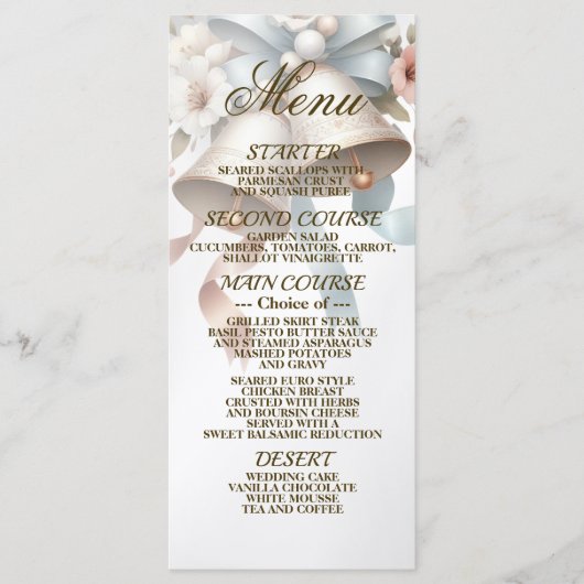 Hochzeitsblumen Bells Pink Blue Ribbons Schöne Menükarte (Vorderseite)