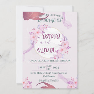 Hochzeitsblumen rosa, lila, eleganter Goldkreis Einladung