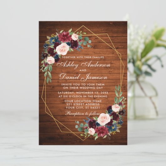 Hochzeitsblumengeflecht Rustikales Holz Geometrisc Einladung (Stehend Vorderseite)