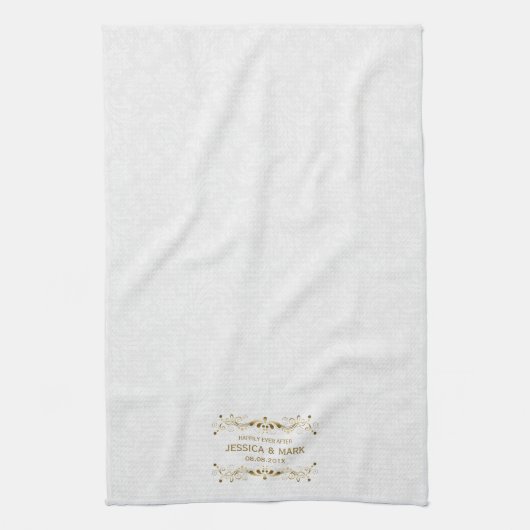 Hochzeitsblumengold auf weißen Damasken Geschirrtuch (Vertikal)