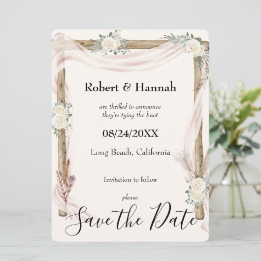 Hochzeitsbogen und Rose - Creme Gold Save the Date (Stehend Vorderseite)