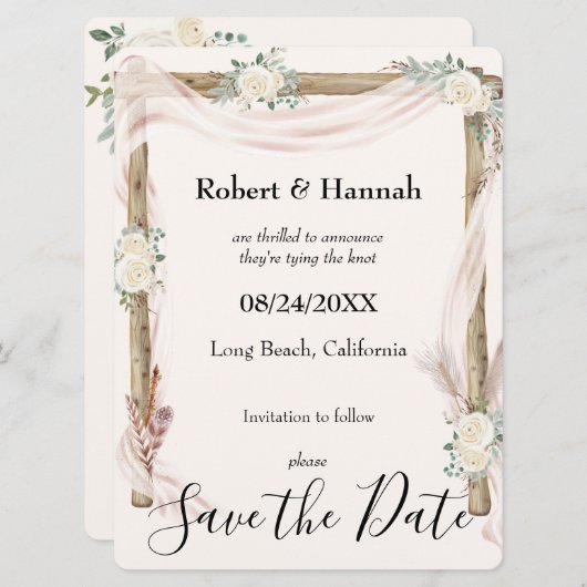 Hochzeitsbogen und Rose - Creme Gold Save the Date (Vorne/Hinten)