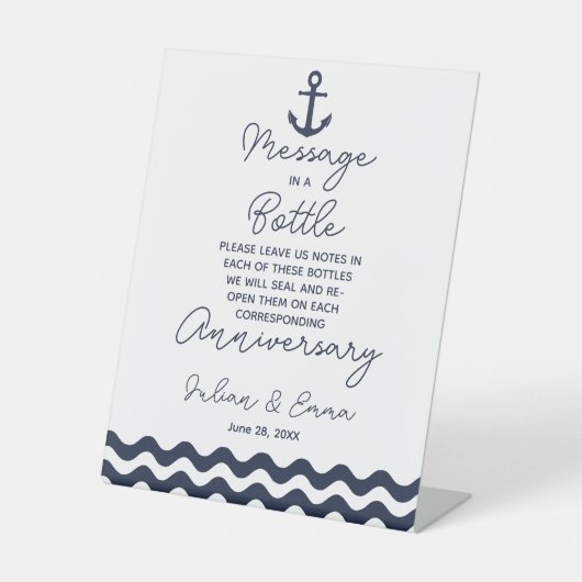 Hochzeitsbotschaft auf See und Weiß im Flaschendru Sockelschild (Vorderseite)