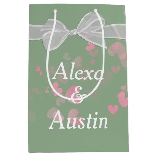 Hochzeitsbow auf dem Sage grün mit Herz Mittlere Geschenktüte (Vorderseite)