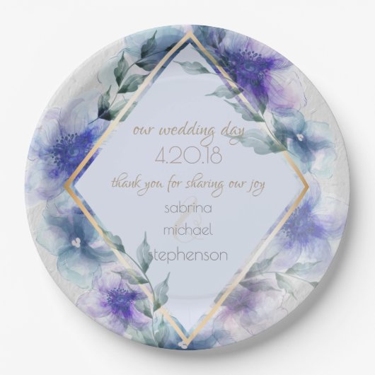 Hochzeitsbuffet | Aquarellfarbene Violettblüten Pappteller (Vorderseite)