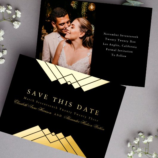 Hochzeitschwarz geometrisches Gold Save the Date Folieneinladung