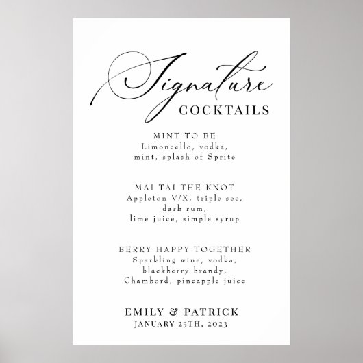 Hochzeitscocktail-Bar-Menü Elegantes modernes Post Poster (Vorne)
