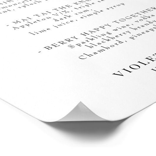 Hochzeitscocktail oder Bar Menu Elegant Betrunken  Poster (Ecke)