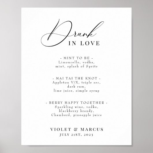 Hochzeitscocktail oder Bar Menu Elegant Betrunken Poster (Vorne)