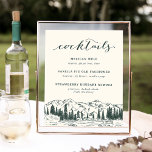 Hochzeitscocktails Unterschreiben Poster<br><div class="desc">Dieses elegante,  rustikale Motiv-Schild passt perfekt zu unserer Hochzeitskollektion "Mountain Sketch" und eignet sich hervorragend,  um Ihre Cocktail-Kreationen an der Bar teilzunehmen. Persönlich mit sechs Textfeldern auf Elfenbeinhintergrund und handgezeichneter Darstellung von Berggipfeln,  Kiefern und fließendem Fluss. "Cocktails" erscheint oben in der Schrift mit dem Buchstaben "Kalligraphie".</div>