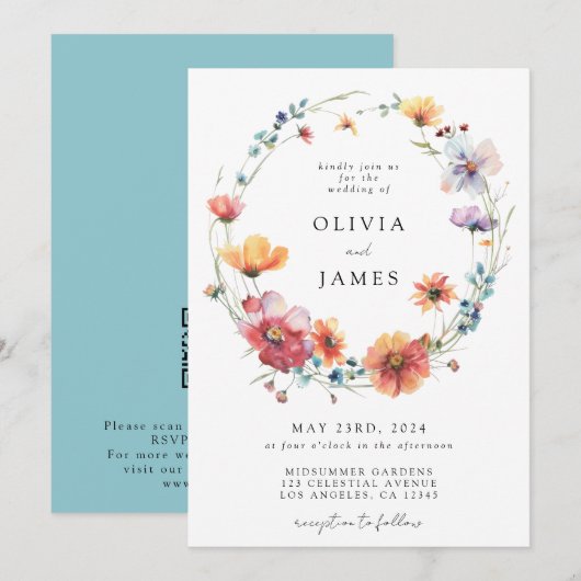 Hochzeitscodierung der Aquarellfarben-Wildblume Einladung (Vorne/Hinten)