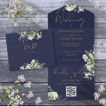 Hochzeitscodierung für Navy Blue and Gold Greeneri All In One Einladung<br><div class="desc">Alle in einer Hochzeitseinladung mit botanischen grünen rustikalen Blätter und eleganter Goldtypografie auf marineblauem Hintergrund. Die Einladung enthält eine perforierte RSVP-Karte mit QR-Code. Entwickelt von Thisisnotme©</div>