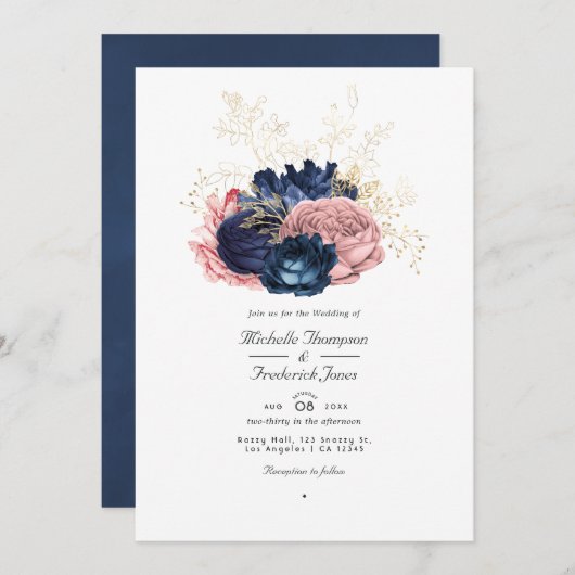 Hochzeitscodierung für Navy Blue and Pink Vintage Einladung (Vorne/Hinten)