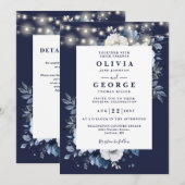 Hochzeitscodierung für Navy Blue Floral String Lig Einladung (Vorne/Hinten)