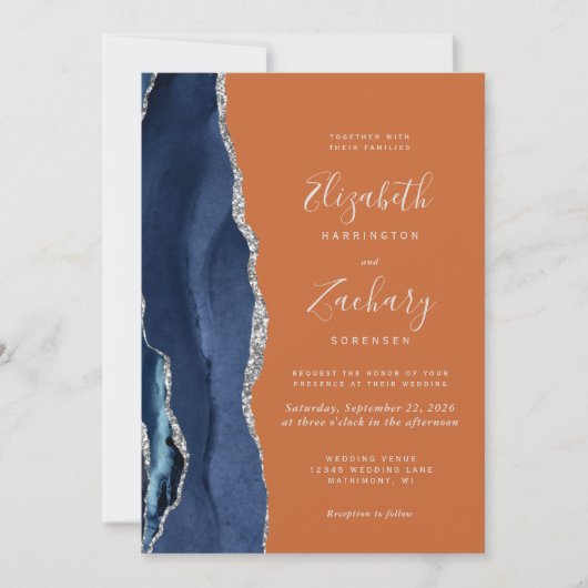 Hochzeitscodierung für Navy Blue Silver Agate Rust Einladung (Vorderseite)