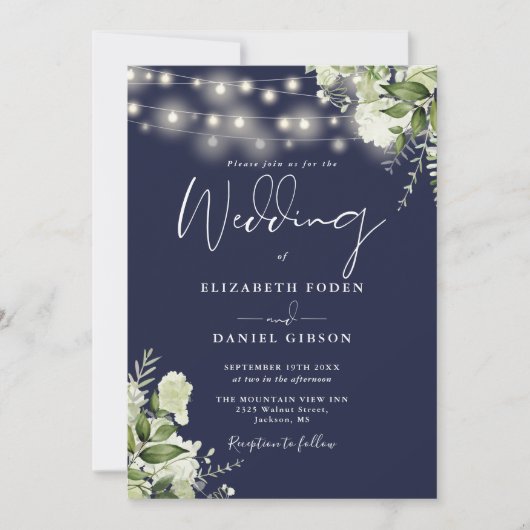 Hochzeitscodierung für Navy Blue String Lights Flo Einladung (Vorderseite)