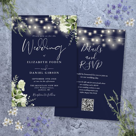 Hochzeitscodierung für Navy Blue String Lights Flo Einladung