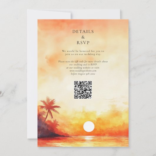 Hochzeitscodierung für Strandfarben-Orange-Sunset- Einladung (Rückseite)