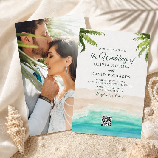 Hochzeitscodierung für Wasserfarben Beach Foto & Q Einladung