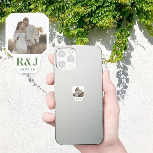 Hochzeitscoupel Foto Green Monogram hinzufügen Aufkleber
