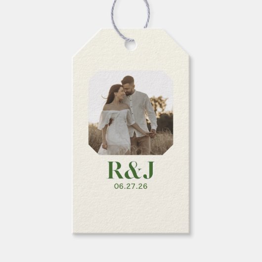 Hochzeitscoupel Foto Green Monogram hinzufügen Geschenkanhänger (Vorderseite)