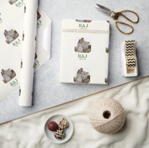 Hochzeitscoupel Foto Green Monogram hinzufügen Geschenkpapier