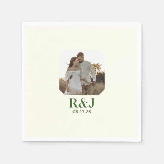Hochzeitscoupel Foto Green Monogram hinzufügen Serviette (Vorderseite)