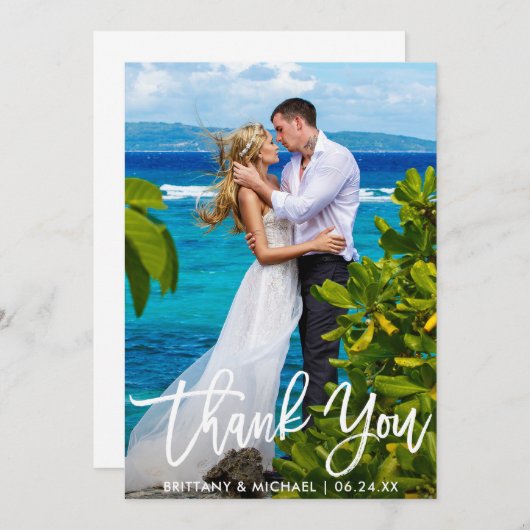 Hochzeitscouple-Foto Moderne Pinselschrift Dankeskarte (Vorne/Hinten)