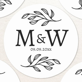 Hochzeitscouple Monogram Date Elegant Botanical Runder Aufkleber