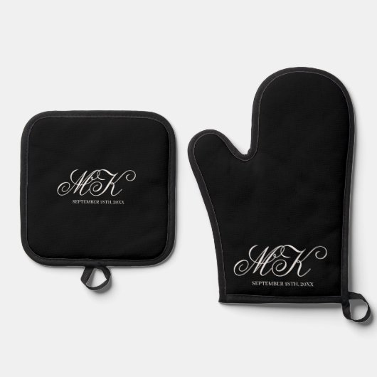 Hochzeitscouples Initial Script Monogram Black Ofenhandschuh & Topflappen-Set (Vorderseite)