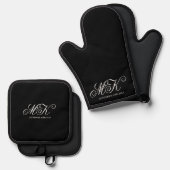 Hochzeitscouples Initial Script Monogram Black Ofenhandschuh & Topflappen-Set (Vorderseite/Rückseite)