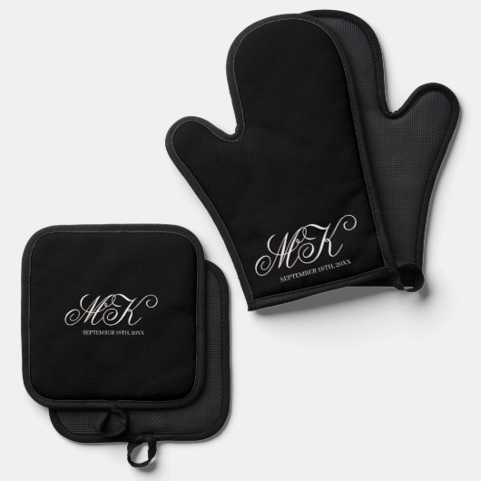 Hochzeitscouples Initial Script Monogram Black Ofenhandschuh & Topflappen-Set (Vorderseite/Rückseite)