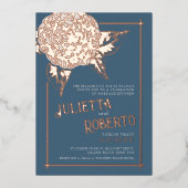 Hochzeitscreme, blau grau, Rose gold Folieneinladung (Vorderseite)