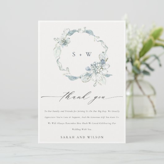 Hochzeitscreme mit weichem, blauer Blumenkraut Dankeskarte (Stehend Vorderseite)