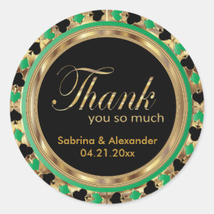 Hochzeitsdanken Poker Chip in Green & Gold Runder Aufkleber