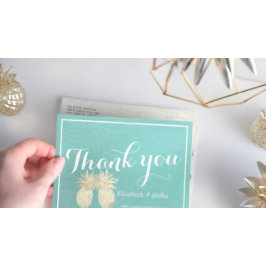 Hochzeitsdanken Sie Gold Ananas Couple Aquamarine  Postkarte