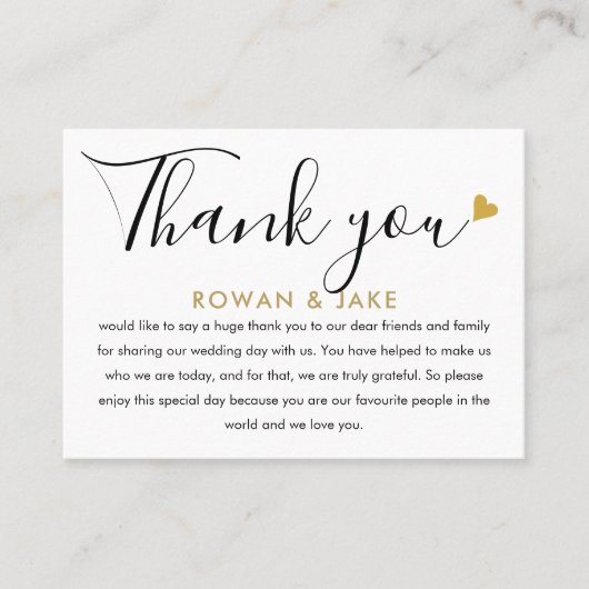 Hochzeitsdanken Sie Gold Heart Chic Script Platzkarte (Vorderseite)