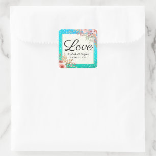 Hochzeitsdanken Sie Moderne rosa Aquamarine golden Quadratischer Aufkleber