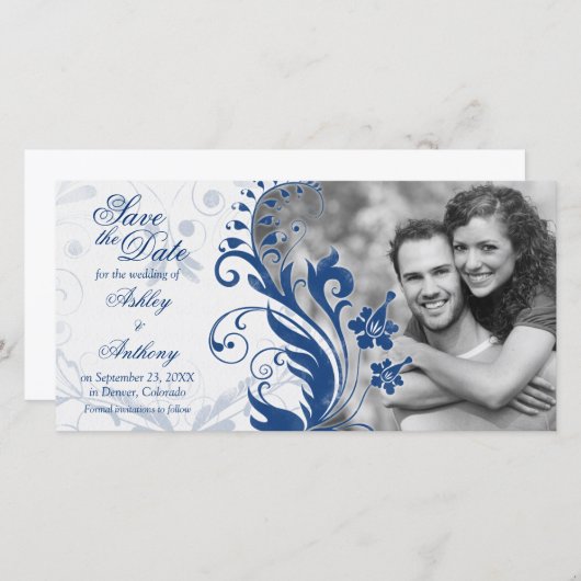 Hochzeitsdatum des Navy Blue Floral Foto Save The Date (Vorne/Hinten)
