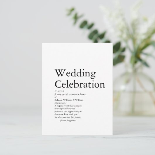 Hochzeitsdefinitions-Party Postkarte (Stehend Vorderseite)