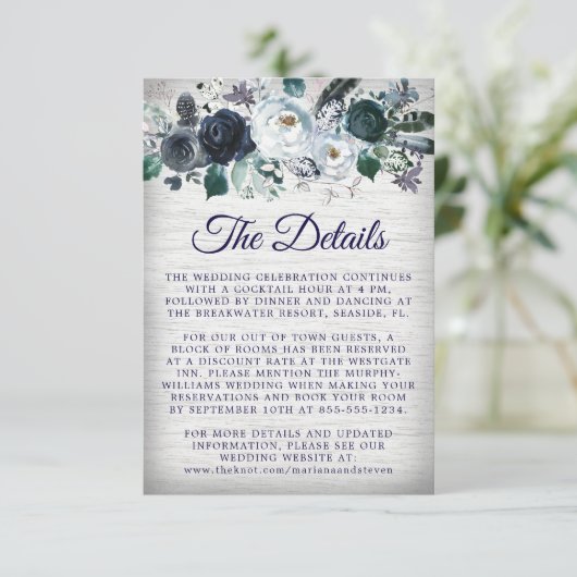 Hochzeitsdetails der Blue Boho Stammeflora Begleitkarte (Stehend Vorderseite)